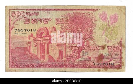 Alte israelische 500 Prutah (Plural: Prutot) Banknote aus dem Jahr 1955. 1000 Prutot aus einer israelischen Lira (Pfund) Stockfoto