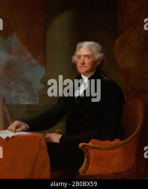 Gilbert Stuart, Porträt von Thomas Jefferson, ca. 1805-57, Öl auf Leinwand, 48 1/2 Zoll x 39 7/8 Zoll James Bowdoin III (123,19 x 101,28 cm) bewunderte Thomas Jeffersons republikanische Prinzipien sehr und fühlte eine Verwandtschaft mit seinem Interesse an Kunst und Kultur. Nachdem Jefferson ihn zum Minister-Bevollmächtigten am spanischen Gerichtshof ernannt hatte, bot Bowdoin seinen Dienst an, Gemälde und Skulpturen für den Präsidenten im Ausland zu erwerben. Tatsächlich präsentierte Bowdoin kurz vor seiner Abreise nach Europa im Jahr 1805 Jefferson eine Marmorkopie einer antiken Skulptur in der Sammlung des Vatikans, die er glaubt Stockfoto