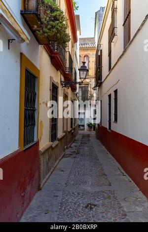 Enge Gasse in der Altstadt von Sevilla, Andalucia, Spanien. Stockfoto