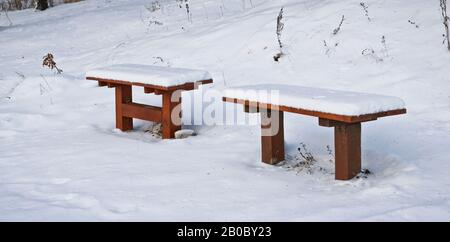 Zwei schneebedeckte Bänke in einem Winterpark. Das Konzept der Wintereinsamkeit. Stockfoto