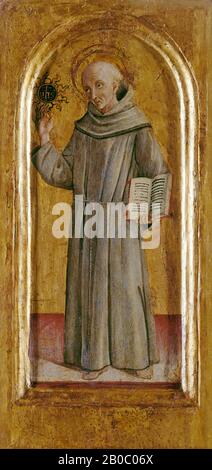 Pietro di Francesco degli Orioli, St. Bernardino von Siena, nach 1489, Tempera grassa (Öl) auf Platte, 15 Zoll x 7 1/8 Zoll Diese elegante Tafel mit dem franziskanischen Heiligen Bernardino (1380-1444) diente als Teil der Dekoration eines großen Altarbildes, auf dem sie von mehreren anderen Bildern von Heiligen begleitet worden wäre. Überzeugend dem sienesischen Maler Orioli aus dem späten 15. Jahrhundert zugeschrieben, zeigt er viele der charakteristischsten Merkmale der sienesischen Kunst in dieser Zeit und verschmilzt, wie es auch tut, die Anliegen der Renaissance mit linearer Perspektive und körperlicher Perspektive Stockfoto