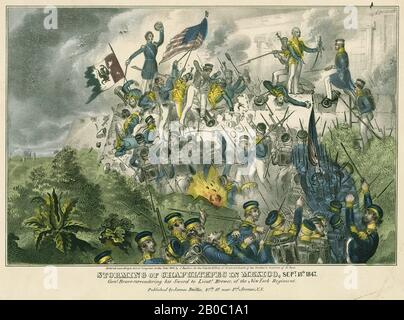 Unbekannter Künstler, Teil einer Sammlung mexikanisch-amerikanischer Kriegsdrucke, Stürmt von Chapultepec in Mexiko am 13. September 1848.General Bravo gibt sein Schwert an Leutnant Brower vom New York Regiment ab., 1848, Farblithograph auf Papier, 9 3/4 Zoll x 13 13 13 13 13 13 13 / 16 Zoll. (24,77 x 35,08 cm), führte EIN starker Wunsch, Nordmexiko zu erwerben, die Vereinigten Staaten dazu, Mexiko im Mai des Jahres 1846 den Krieg zu erklären. Am 12. September des Jahres 1847 belagerten amerikanische Streitkräfte unter dem Kommando von General Winfield Scott das Schloss Chapultepec in Mexiko-Stadt. General Scott und Santa Anna, der Führer der mexikanischen Armee, unde Stockfoto