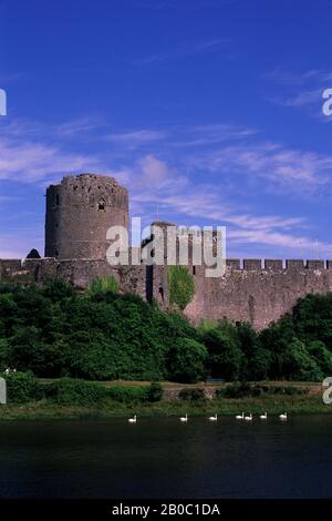 GROSSBRITANNIEN, WALES, PEMBROKE CASTLE, BLICK VOM FLUSS AUS, SCHWÄNE Stockfoto