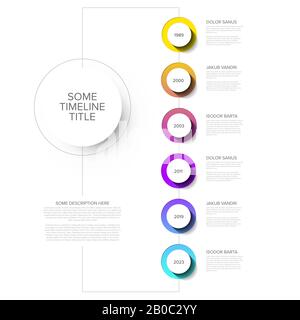 Vector Infografische Zeitachse mit vertikaler Linie, Kreisschaltflächen mit Schatten und verschiedenen Beschreibungen Stock Vektor