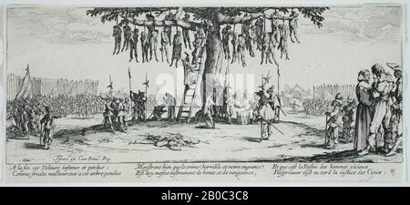 Jacques Callot, The Hanging, 1633, Radierung auf Papier, 3 5/16 Zoll x 7 3/8 Zoll (8,41 x 18,73 cm Stockfoto