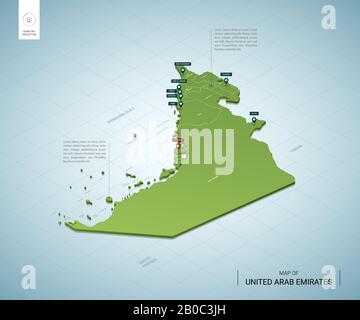 Stilisierte Karte der Vereinigten Arabischen Emirate. Isometrische 3D-Grünkarte mit Städten, Grenzen, Hauptstadt Abu Dhabi, Regionen. Vektorgrafiken. Bearbeitbare Ebenen cl Stock Vektor