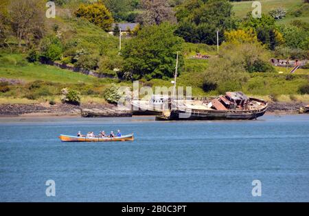 Ruderer in Canoe, Die An Alten Schiffswracks aus Holz an der Flussmünde des Flusses Torridge bei Appledore auf dem Tarka Trail/South West Coast Path, North Devon Vorbeiziehen. Stockfoto