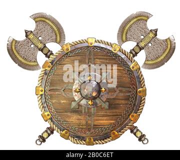 Wikinger Schlacht Axt und Schild auf einem isolierten weißen Hintergrund. 3d-Illustration Stockfoto