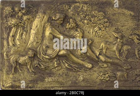 Unbekannter Künstler, Venus und Adonis Plaquette, 1575-1625, Bronze, Vergoldung, 2 7/8 Zoll x 5 1/16 Zoll. (7,3 cm x 12,8 cm) Stockfoto