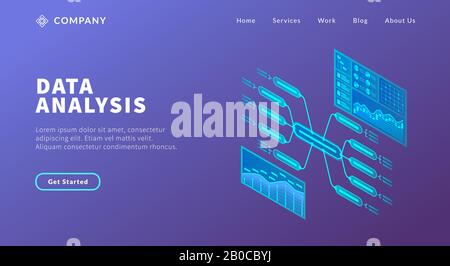 Datenanalyse-Konzept mit verschiedenen Graphen- und Chart-Big-Data-Modellen für Website-Template oder Landing-Homepage-Vektor Stockfoto