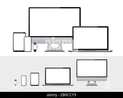 Computer, Laptop, Tablet, Smartphone und Smart-Watch-Gerät mit leerem weißem Bildschirm. Geräte Mockup für Präsentation isolierter Vektorsatz Stock Vektor