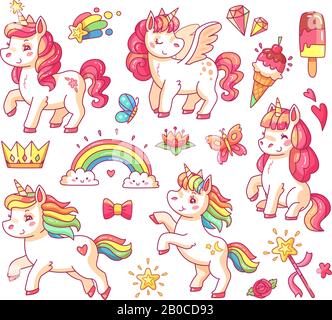 Süßes fliegendes Regenbogeneinhorn mit Goldsternen und süßen Eiscremes. Magic Little Pony Fantasy Unicorns Cartoon-Vektor-Set Stock Vektor