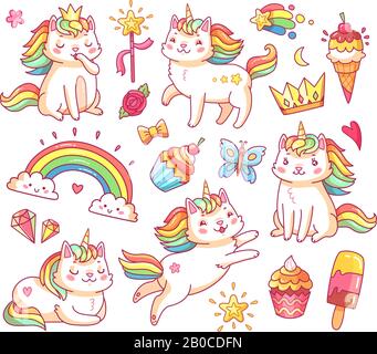 Magische Einhorn-Katzen in Krone, süße Cupcakes, Eis, Regenbogen und Wolken. Cartoon Fee lächelnde Katze, Kitty mit Farb-Schwanz-Vektor-Set Stock Vektor