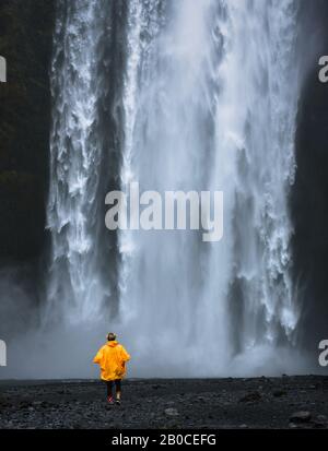 Touristen, die einen gelben Regenmantel tragen, laufen zum Wasserfall Skogafoss in Island Stockfoto