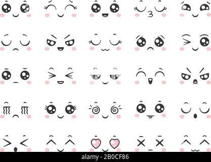 Süße, dillige Emoticons mit Mimik. Japanische Anime-Stil Emotionen Gesichter und kawaii Emoji Symbole Vektor gesetzt Stock Vektor