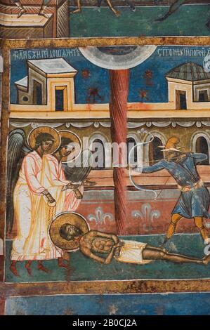 RUMÄNIEN, IN DER NÄHE VON SUCEAVA, KLOSTER VORONET (1488), SÜDWAND, FRESKENDETAILS Stockfoto