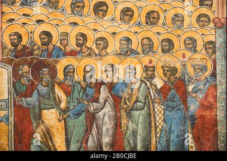 RUMÄNIEN, IN DER NÄHE VON SUCEAVA, KLOSTER VORONET (1488), DAS LETZTE URTEIL, WESTLICHE WANDFRESKO, DETAIL Stockfoto