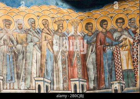 RUMÄNIEN, IN DER NÄHE VON SUCEAVA, KLOSTER VORONET (1488), DAS LETZTE URTEIL, WESTLICHE WANDFRESKO, DETAIL Stockfoto