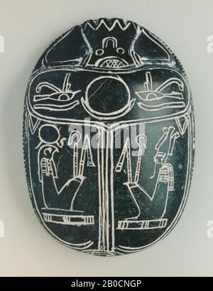 Herzkarabee, Sonnenbaden, Osiris, Isis, Nephtys, Sonne, Reshuseneb, Siegel, Skarabäus, Stein (schwarz), Höhe: 9,6 cm, 1500-300 v. Chr., Ägypten Stockfoto