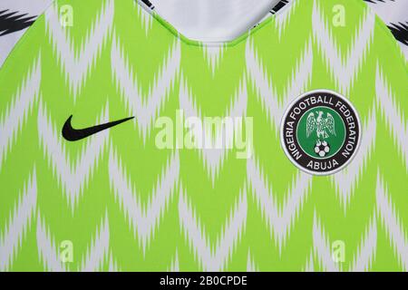 Nahaufnahme der nigerianischen Nationalmannschaft, Nike Fußballtrikot. FIFA-Weltmeisterschaft, Russland 2018. Stockfoto