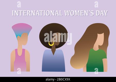 Internationaler Frauentag Text und eine Gruppe verschiedener Frauen. Verschiedene Nationalitäten und die Vielfalt der Weibchen, flache Charaktere. Feminismus, Vielfalt und Stock Vektor
