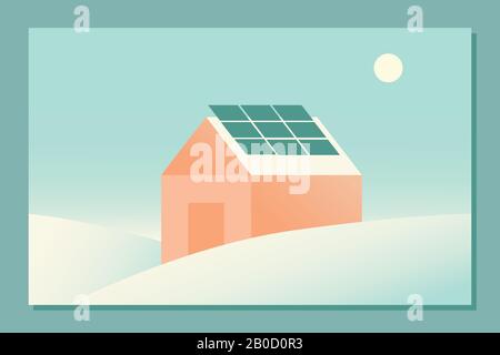 Cottage House mit Solarpaneelen auf dem Dach und Sonne am Himmel. Moderne, handgezeichnete Vektorgrafiken in flachem Stil und Retro-Farben. Grüne Technologie, Solar Stock Vektor