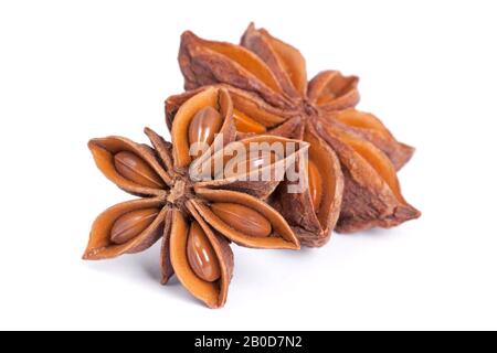 Sternanis (Illicium verum) auf weißem Hintergrund. Auch Sternanis, oder Chinesischer Sternanis genannt. Als Gewürz in der Küche auf der ganzen verwendet wird Stockfoto