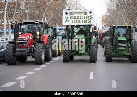 Granada, Andalusien, Spanien. 19. Februar 2020: Demonstration von Landwirten, die gegen unlautere Preise von Agrarprodukten protestieren, auf den Straßen von Stockfoto