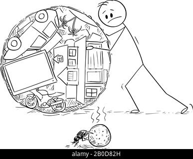 Vektor-Cartoon-Stick-Figur mit konzeptioneller Illustration von oberflächlichem Mann oder Geschäftsmann, der den Ball seines Vermögens oder seiner Eigenschaft rollt und dabei beobachtet, wie Dungkäfler dasselbe mit Exkrementen tut. Stock Vektor