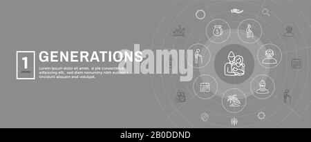 Generationen Altern Web Header Banner und Icon Set Stock Vektor