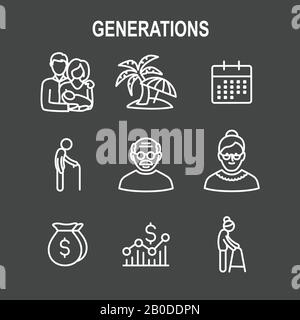 Generationen: Die goldenen Jahre Icon Set mit Ruhestand Kalender, Geld, etc. Stock Vektor