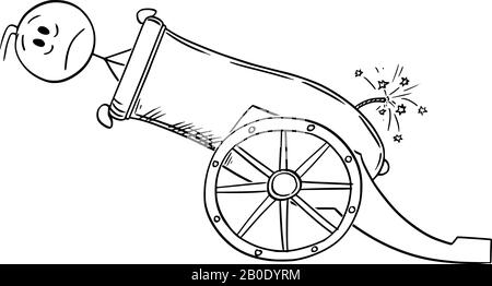 Vector Cartoon Stick Figur Zeichnung konzeptuelle Illustration von Mann oder Geschäftsmann geladen in großen Kanone oder Artillerie-Pistole bereit zum Feuer. Stock Vektor