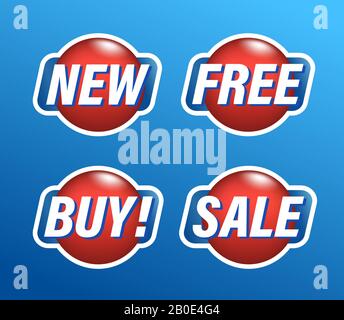 Set mit Einkaufstickern, runden roten Etiketten mit Text neu, kostenlos, kaufen, verkaufen, Vektorgrafiken. Stock Vektor