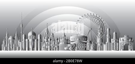 Horizontale Moskauer Reiseillustration mit architektonischen Sehenswürdigkeiten. Weltweites Reisekonzept. Skyline der Stadt Moskau in schwarz-weißer Gradientenfarbe Stock Vektor