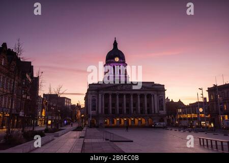 Sunrise auf dem Marktplatz, Nottingham England, Großbritannien Stockfoto