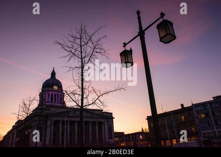 Sunrise auf dem Marktplatz, Nottingham England, Großbritannien Stockfoto