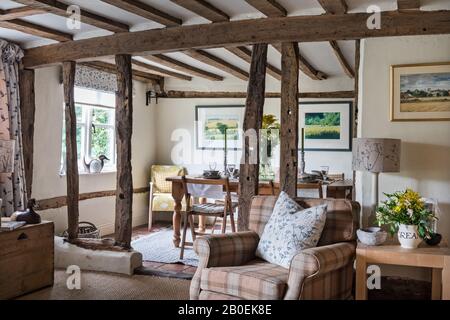 Aquarelle von EJ Wilson mit römischem Blind und Kissen in Adlington Cowparsley und Stuhl in Headlong Hare von Sam Wilson. Stockfoto