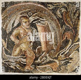 Rechteckiges Fragment einer wake. 'Peopled scrollen'. Abgebildet ist ein Putto zwischen einem Akanthuszweig, der als Gladiator mit rechteckigem Schild und Kurzschwert bewaffnet ist. Schöne Farben und Chiaroscuro-Effekte., Mosaik, Fragment, Stein (?), Mosaik, Mosaik, 69,5 x 75 cm, 100 kg, späte Kaiserzeit 300-500 n. Chr., Libanon, Syrien Stockfoto