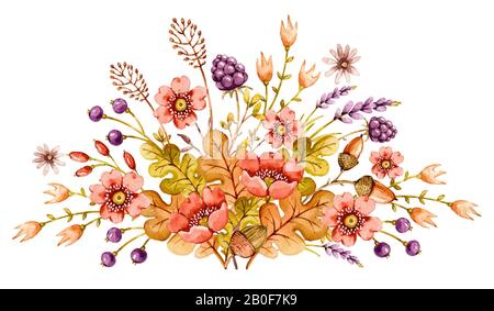 Aquarellzeichnung mit wildem, wasserfarbenem Blumen-Sommerstrauß für dekorative Gestaltung. Illustration der Komposition "Flower Watercolor". Handbemaltes Wate Stockfoto