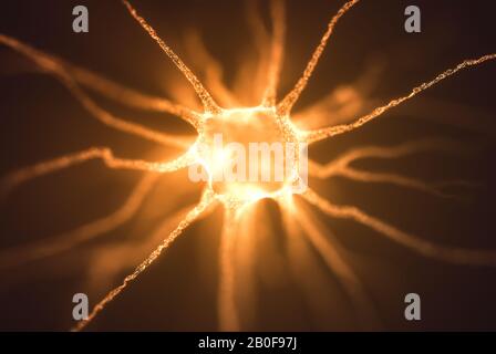 Konzeptionelles Bild eines Neurons, das mit elektrischer Ladung erregt wird. Konzept der Wissenschaft und Forschung des menschlichen Gehirns, 3D-Illustration. Stockfoto