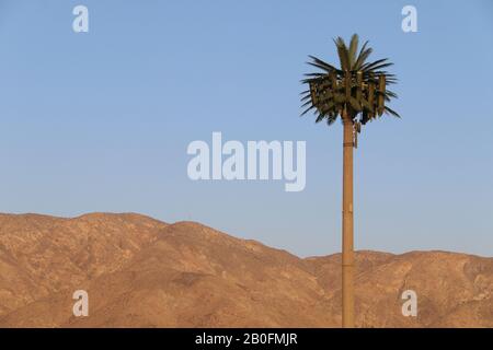 Nahansicht eines Wüstenberges mit Handy-Turm im Palmenstil Stockfoto