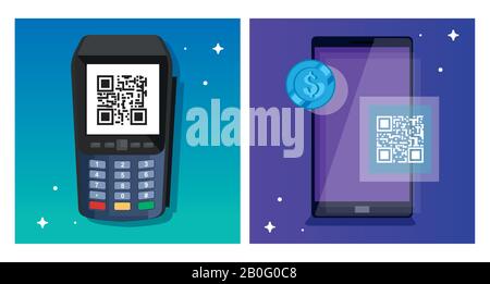 Poster mit qr-code und Symbolen festlegen Stock Vektor