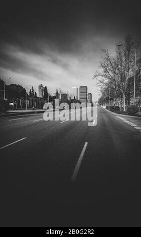 Blick auf den Passeo de la Castellana, einen breiten Boulevard im Zentrum Madrids mit Bürohäusern im Hintergrund - monochromer Bucheinband Stockfoto