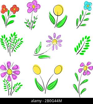Sammlung Einfacher Blumen und Blätter Logos Cartoon Illustrationen Stock Vektor