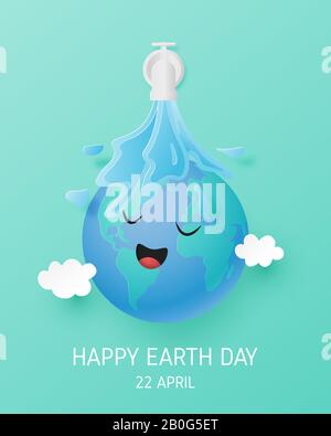 Hintergrundkonzept des Welt-Erde-Tages. Ein Wasser, das in Papierform auf Einen Glücklichen Globus fällt. Vektorgrafiken. Digital Craft Paper Kunstplakat, Hintergrund, Stock Vektor