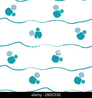 Meeresschalen am Strand nahtloses Vektormuster. Handgezeichnete Linie. Minimale Weichtiere wiederholen sich mit Doodle-Wellen. Aquatic Illustration ganz im Druck Stock Vektor