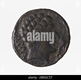 VZ: Männerkopf r., Text Karbika und Delphin, Kz: Reiter n.speer, Ortsnamen, Minze, Asche, Konterbia, Hispania, Metall, Kupfer, Diam. 23 mm, WT. 8,00 gr, Roman BC 120-80, unbekannt, unbekannt, unbekannt, unbekannt Stockfoto