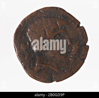 VZ: Herrenkopf r., Delphin und Palmzweig, Kz: Reiter n.r., in abgetrenntem Ortsnamen, MINT, aes-25, Kelin, Hispania, Metall, Kupfer, Diam. 25 mm, WT. 8,67 gr, Roman BC IIB, unbekannt, unbekannt, unbekannt, unbekannt Stockfoto