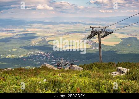 Panoramablick auf das Sub-Tatra-Tiefland unter dem Hochplateau von Skalnate Pleso am Gipfel von Lomnica - Lomicky stit - in der slowakischen Tatra in der Nähe von Tatranska Stockfoto