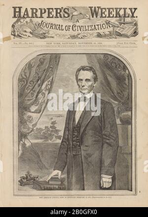 Unbekannt, amerikanisch, 19. Jahrhundert, nach Winslow Homer (amerikanisch, 186-1910), Hon Abraham Lincoln, Geboren in Kentucky, 12. Februar 1809, Von Harper's Weekly, Bd. 4, 10. Nov. 1860, Holzgravur auf Zeitungspapier, Blatt: 15 13 / 16 x 11 5/16 Zoll (40,2 x 28,8 cm Stockfoto